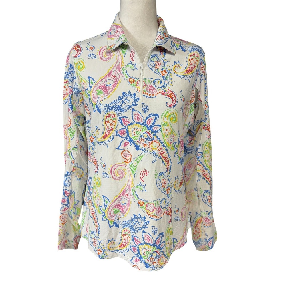 IBKUL Shirt Womens Medium Multicolor Paisley Long Sleeve 1/4 Zip Golf Top
